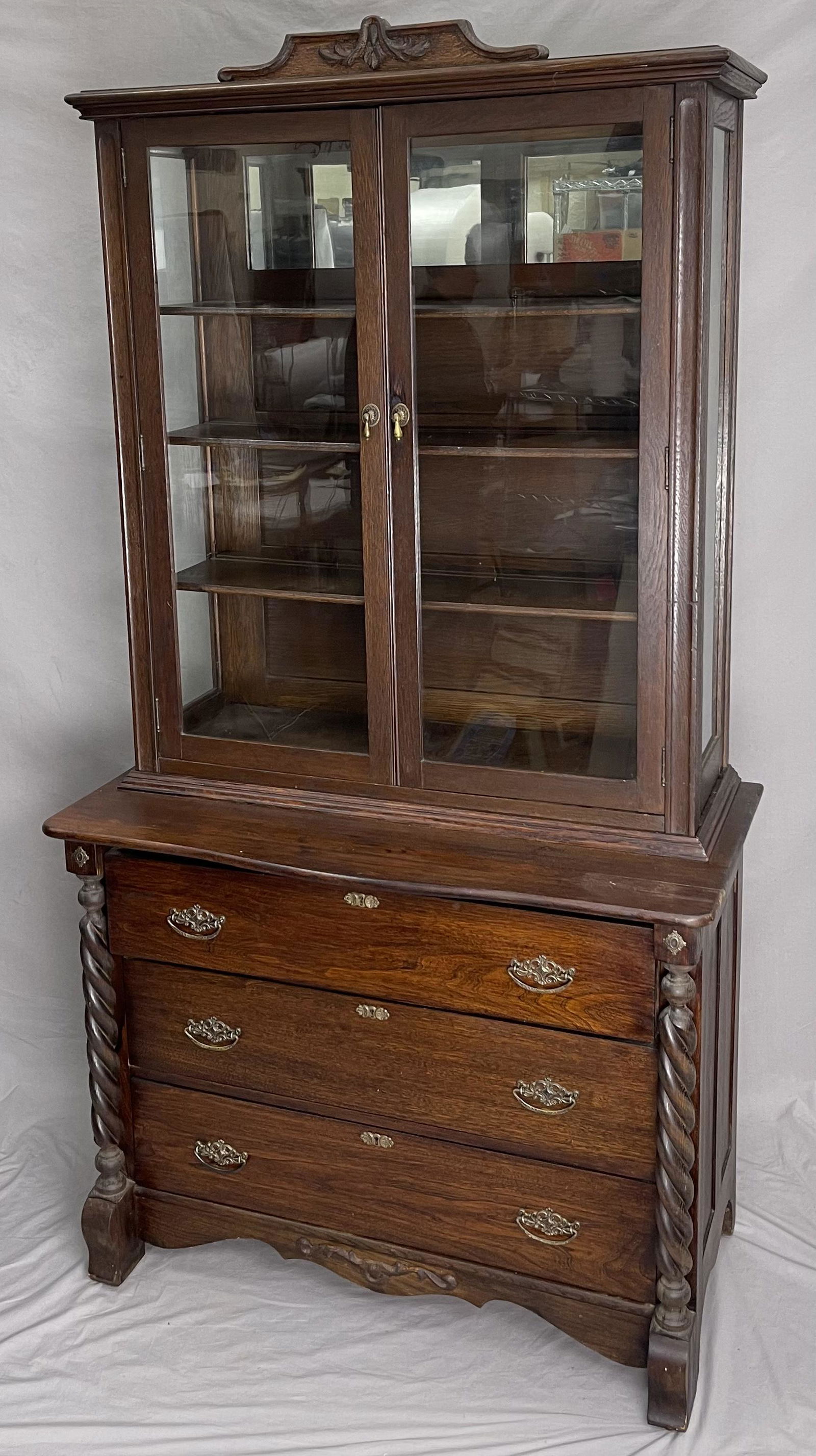 19th C. Oak Step Back Cabinet Barley Twist Columns (1 of 8)
