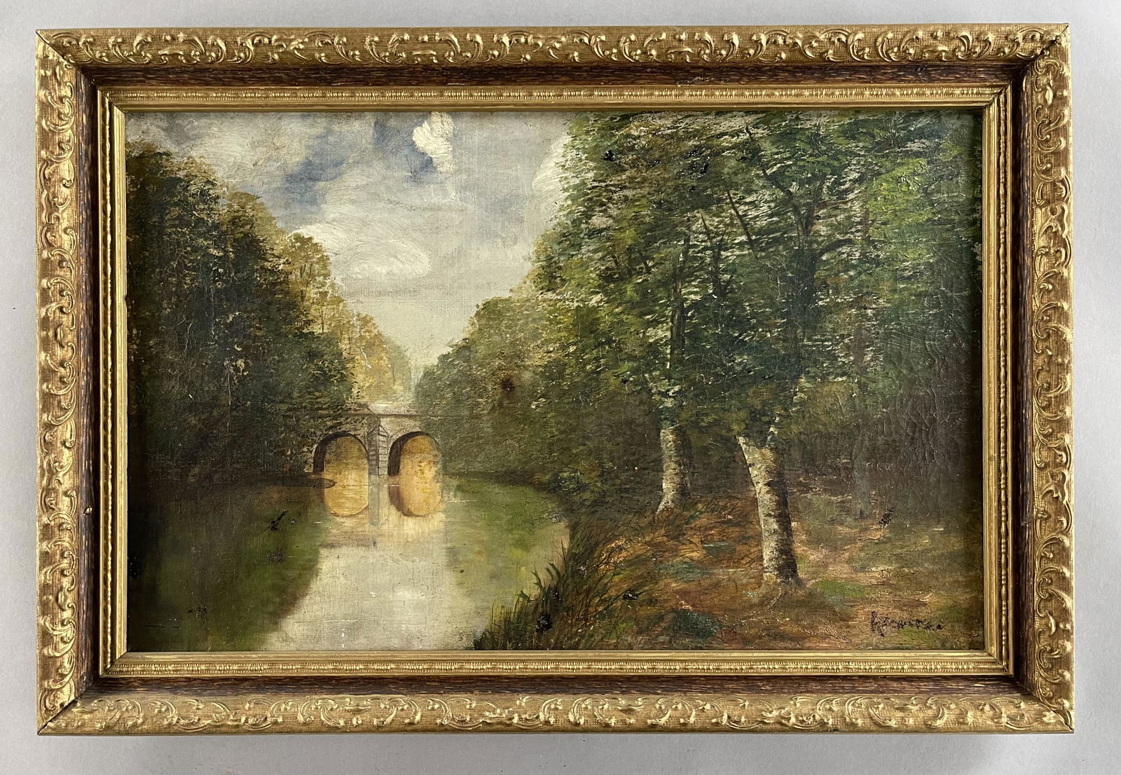 19th Century Bridge River Scene Oil on Canvas (1 of 4)