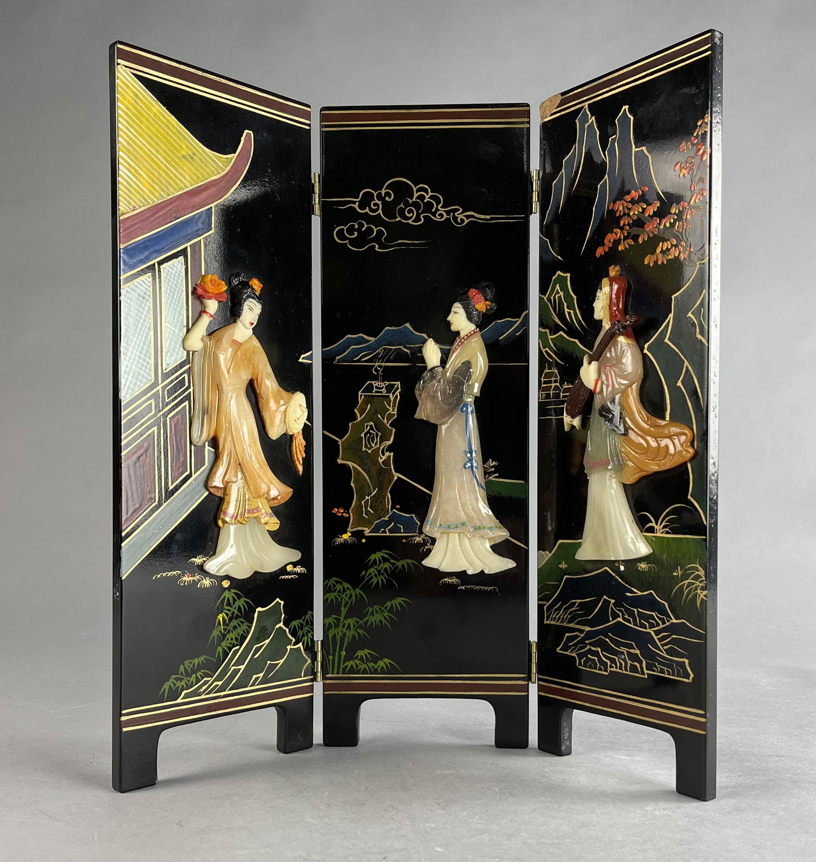 Miniature Chinese Folding Screen, Stone Decoration (1 of 4)