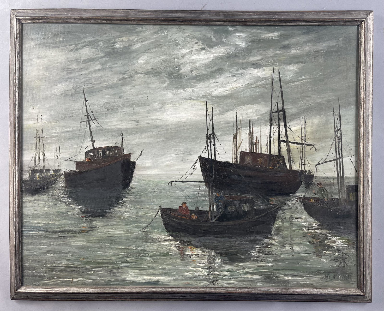 M. Maier Harbor Scene with Ships Oil on Canvas (1 of 5)