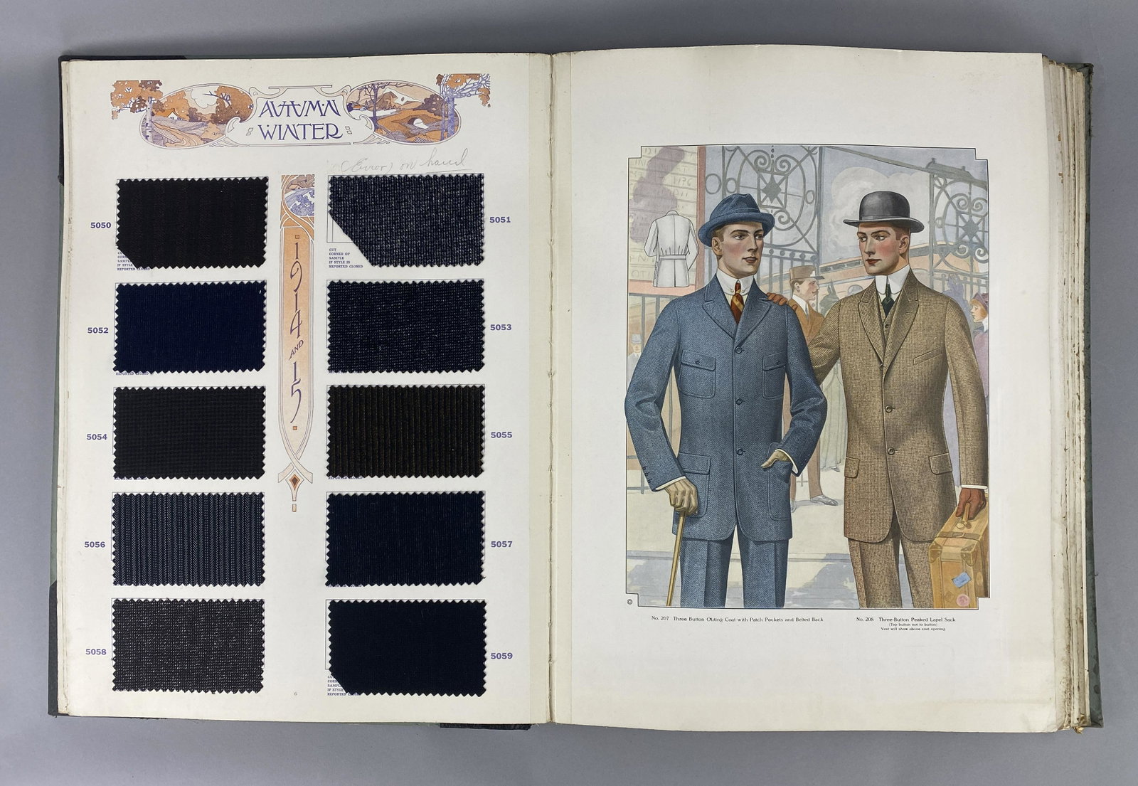 1914 Bespoke Tailoring Menswear Catalog 22"x 17": An exceptional archival or inspiration piece for collectors of men's antique or vintage clothing. The Globe Tailoring Co. 1914/15 Fall and Winter Catalog. Hardbound with 56 heavy card pages. It includ