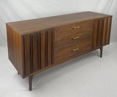 Richardson Nemschoff Midcentury Walnut Credenza: Modernist mid 20th century walnut credenza or sideboard from Richardson Bros. Co. (Richardson / Nemschoff, RN). Labeled in top drawer as shown. Unusual convex bowed front with three drawers in the cen