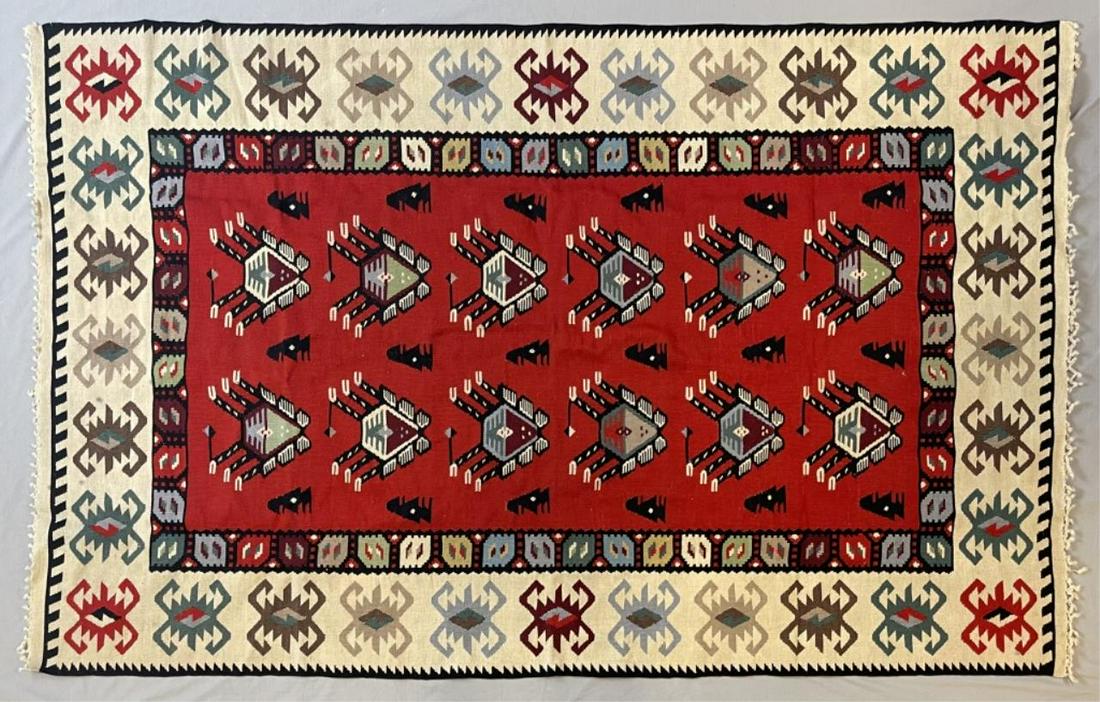 Turkish Bessarabian Kilim Rug 4'-1" x 6'-8": Midcentury wool Kilim Shipping: In-House shipping available for this lot. Please read the shipping section in our full Terms and Conditions for all information on shipping.