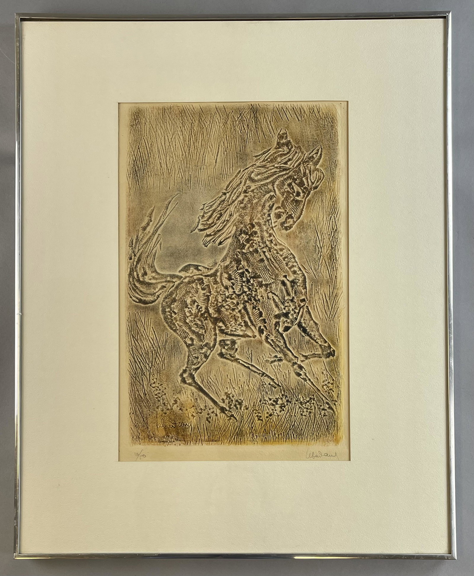 Hoi Lebedang Embossed Lithograph Horse: Hoi Lebedang Vietnamese/French (1921-2015) Embossed lithograph untitled (horse) pencil signed and in the plate. Framed size 30-1/4" x 24-3/8" Shipping: In-House shipping available for this lot. Please