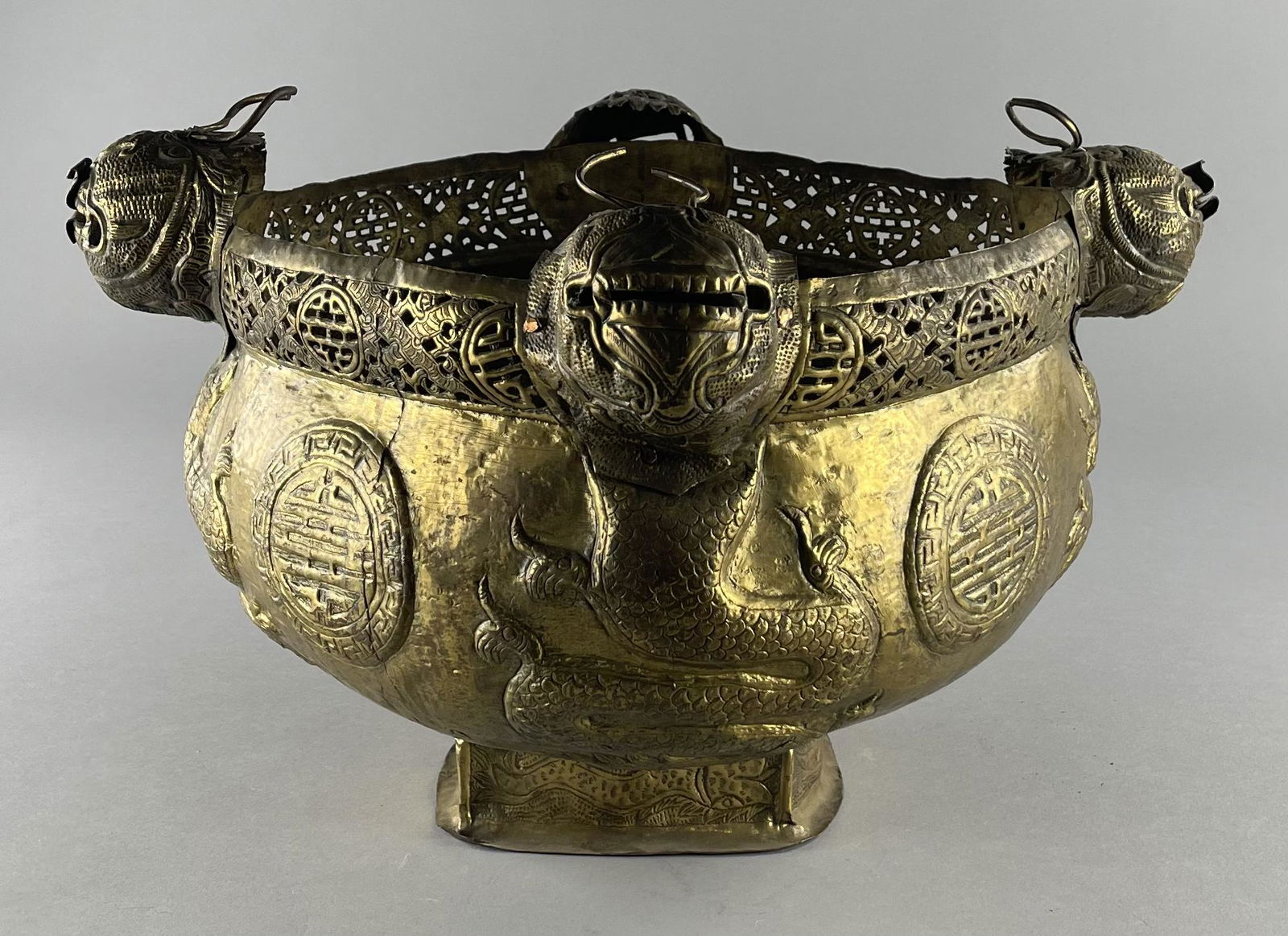 Large Chinese Brass Repousse Dragon Jardiniere (1 of 6)
