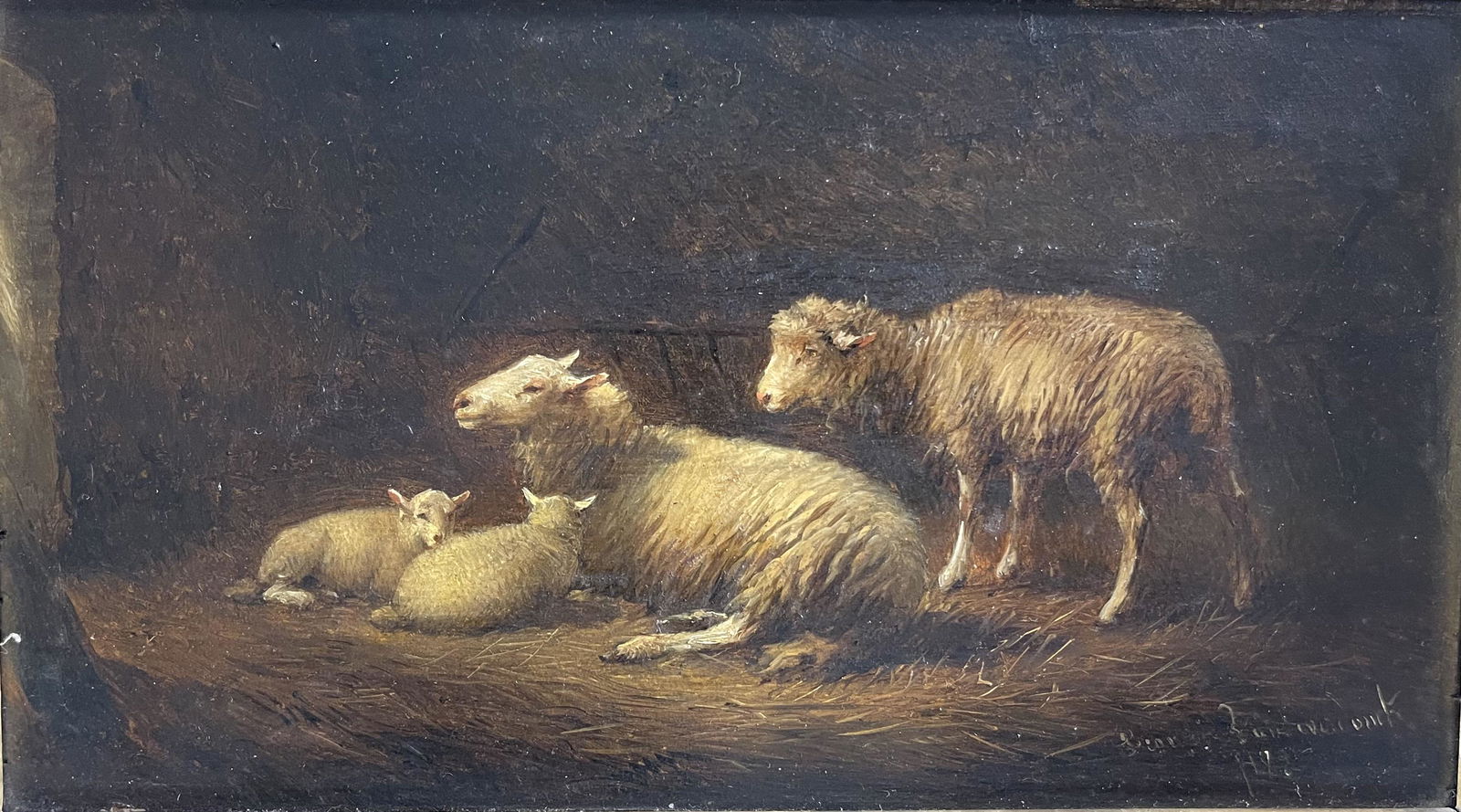 19th Century Oil on Board Sheep Family in Manger (1 of 5)