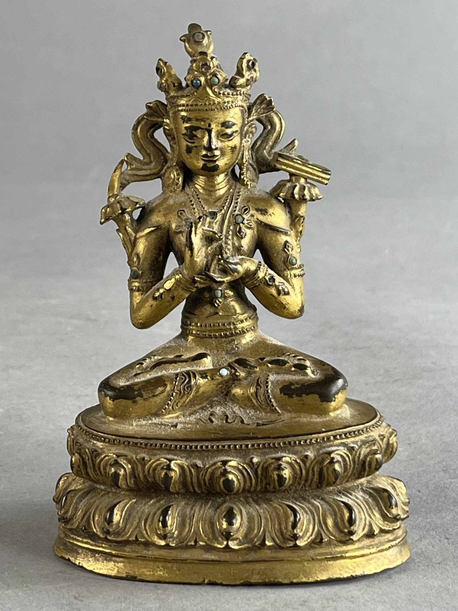 Tibetan Gilt Bronze Buddhist Goddess 18th-19th C: Height 4-1/2". Shipping: In-House shipping available for this lot. Please read the shipping section in our full Terms and Conditions for all information on shipping.