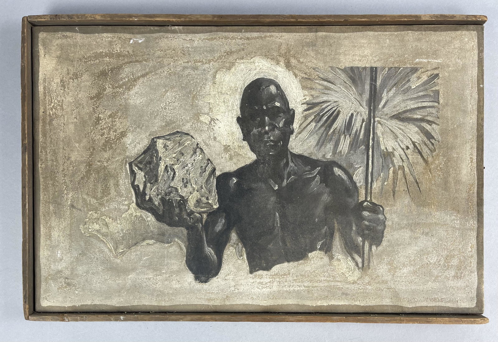Outsider Painting of an African Man: An older folk art painting of an African man holding a stone. Unsigned and age unknown. Framed size 22-1/2" x 14-3/4". Shipping: In-House shipping available for this lot. Please read the shipping sect