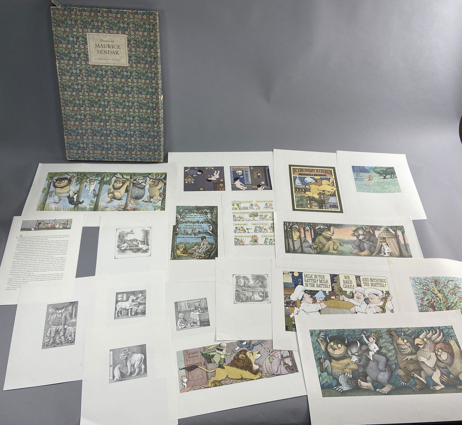 Maurice Sendak Lithographs: Maurice Sendak portfolio of 17 lithographs and one fold out booklet. Illustrations are from the Maurice Sendak books Higgelty Piggelty Pop, Zlatch the Goat, Hector Protector and I Went Over the Water,