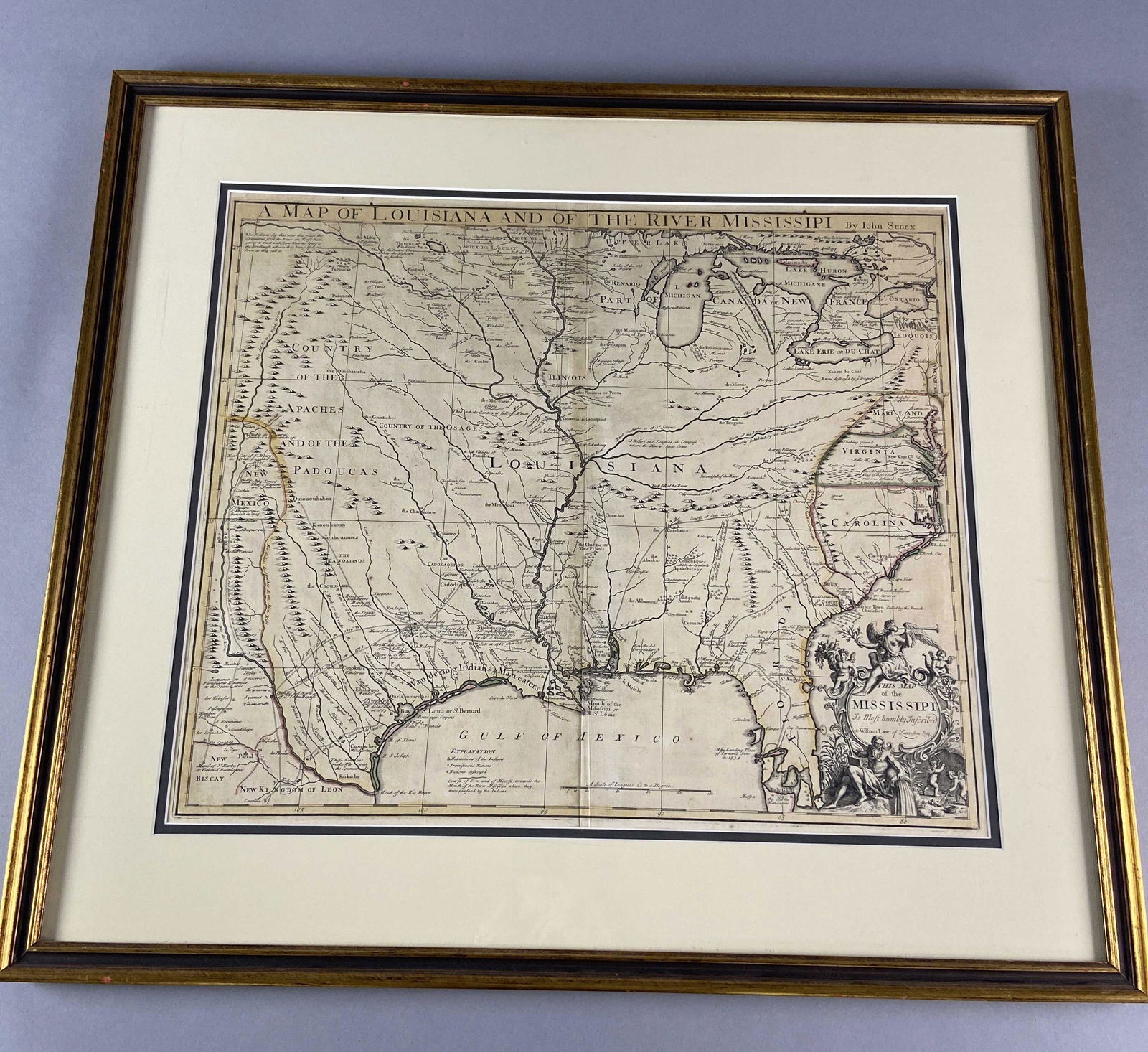 Map of Louisiana by John Senex: A Map of Louisiana and the River Mississipi (as spelled on the map.) Map by John Senex 1721, copper plate engraving with hand colored outlining. Framed and mated under glass.
