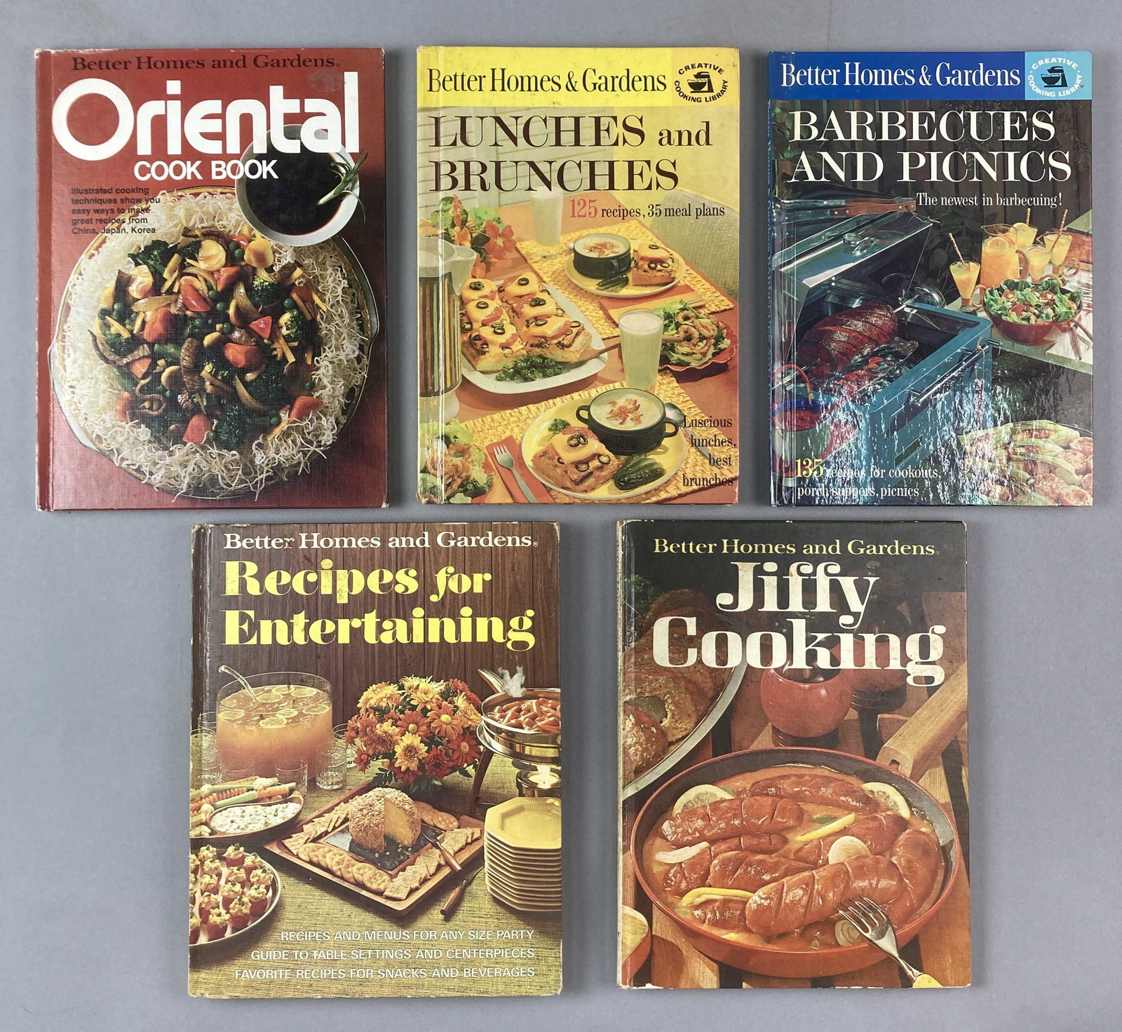 Better Homes And Gardens Cookbooks: Five Cookbooks by Betty Crocker from the late 20th Century, 1963-1980. Recipes for Entertaining, 1972Barbecues and Picnics, 1971, seventh printing.Jiffy Cooking, 1967Oriental Cookbook, 1980, 6th print