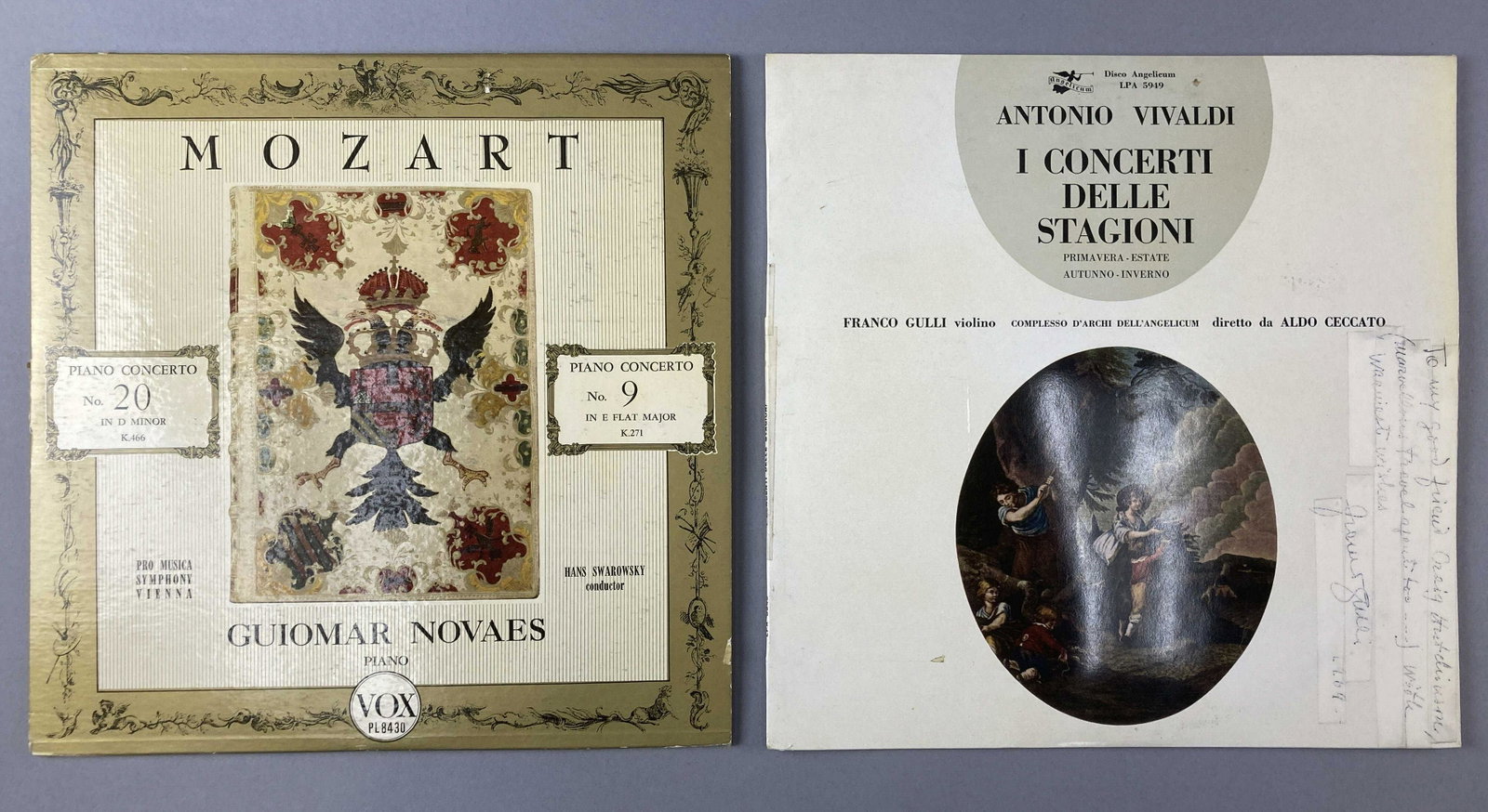 Franco Gulli, Guiomar Novaes Signed Vinyl Records: Two classical music vinyl LP records, signed by the performers. Antonio Vivaldi's Le Quattro Stagioni performed by Franco Gulli on violin. Produced by Angelicum, catalogue number LPA 5949. Signed by F