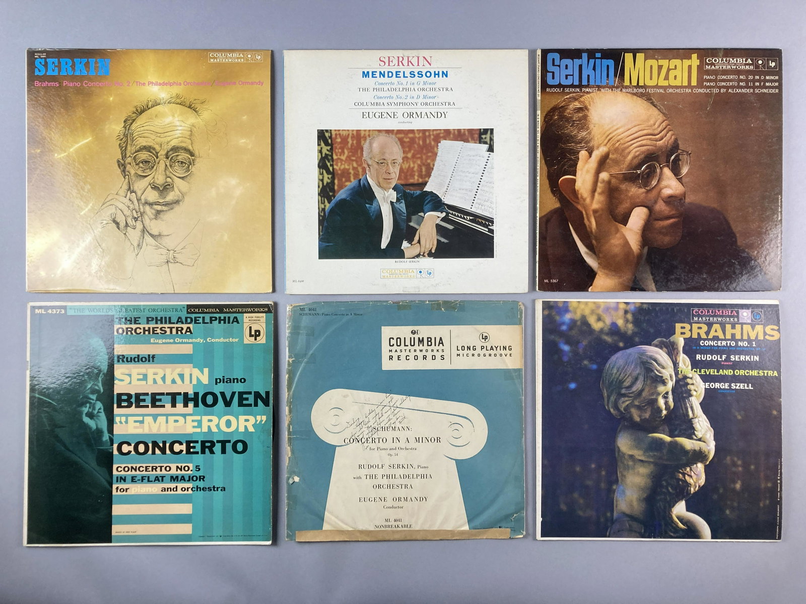 Rudolf Serkin Signed Columbia Vinyl Piano Records: Six vinyl LP records of Classical music performed by Rudolf Serkin. All are also signed by the performer. Brahms: Concerto No. 2 in B Flat, Columbia High Fidelity, catalogue number ML 5491. Mendelssoh