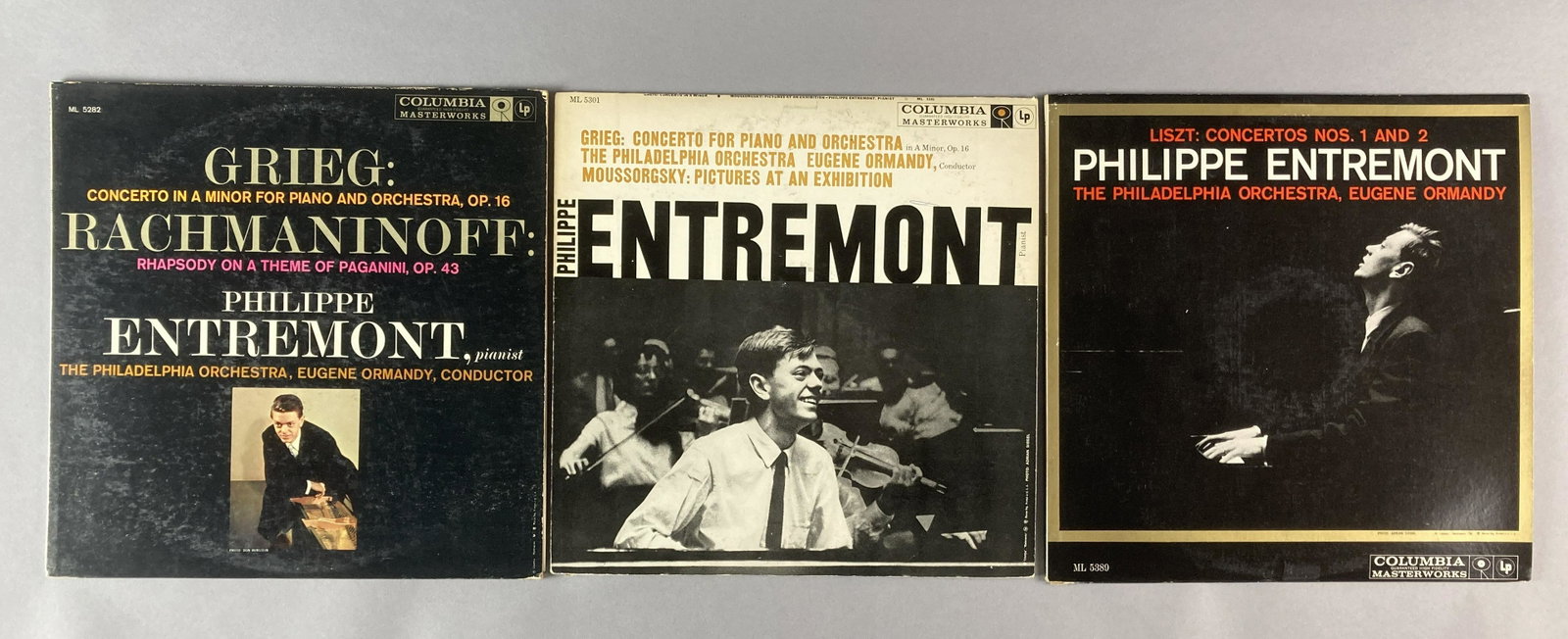 Signed Philippe Entremont Vinyl Orchestra Records: Three vinyl LP records performed and signed by pianist Philippe Entremont. All three records are by Columbia High Fidelity Records. Grieg Concerto in A Mnor for Piano and Orchestra, Opus 16 and Rachma