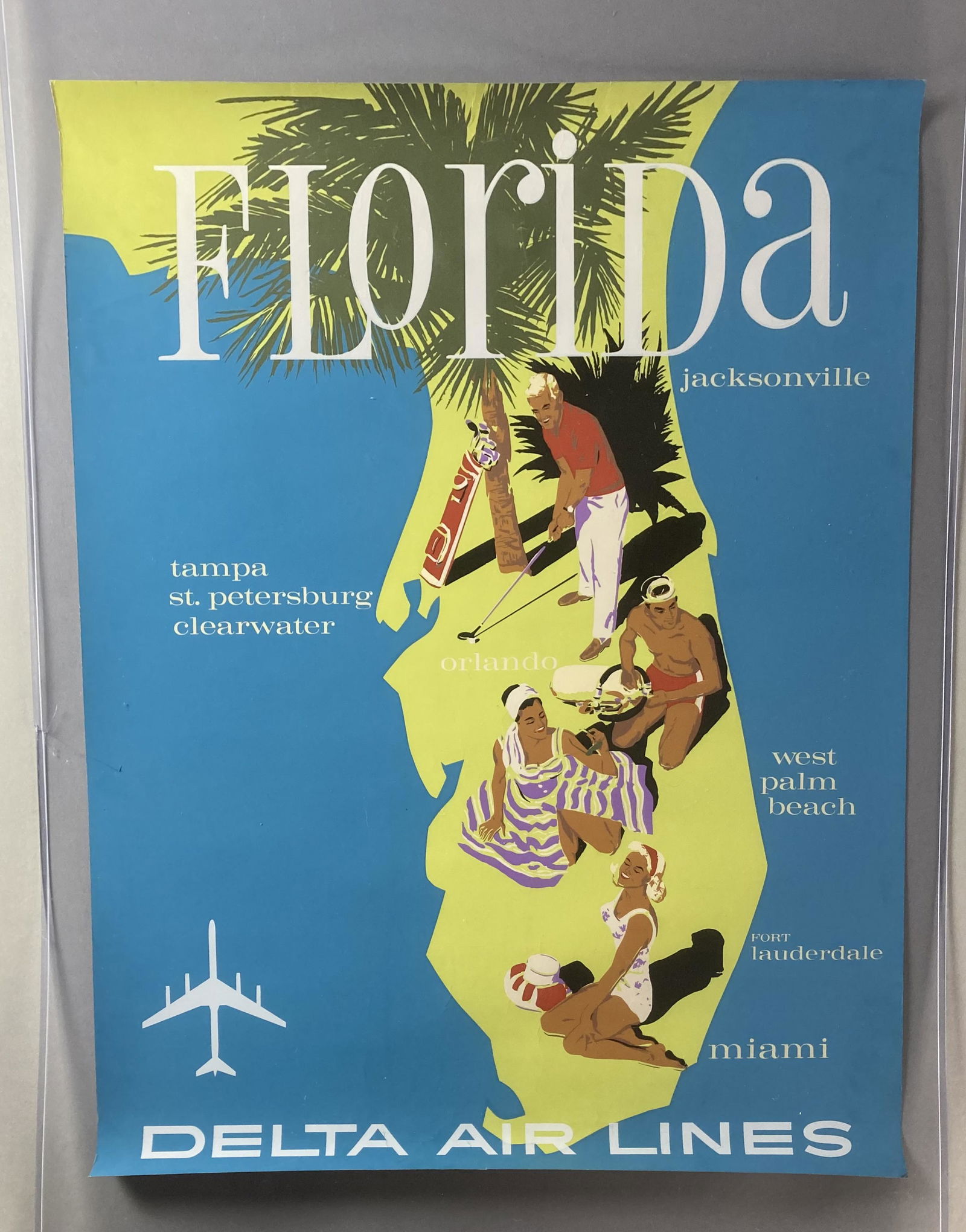 John Hardy Delta Airlines Florida Poster 1960's: Original Delta Airlines Florida Tourism poster by the artist John Hardy, circa 1960. 22 X 28 inches in size.