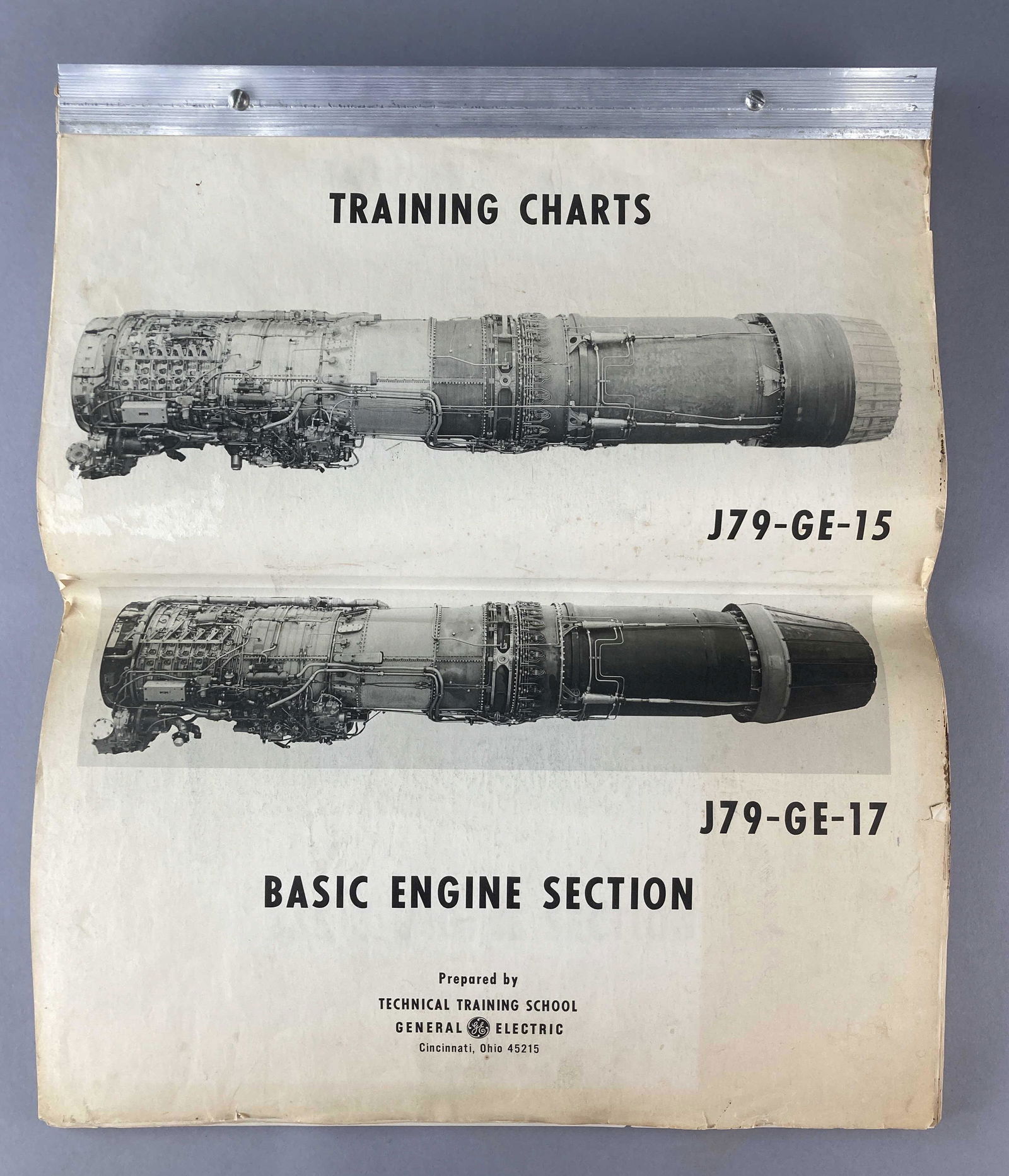Electric Turbo Jet Training Chart 1960: Original General Electric turbo jet training charts for the J79-GE-15 and J79-GE-17 missile fighter engines. Circa 1960's. Includes multiple diagrams bound at the top with metal.