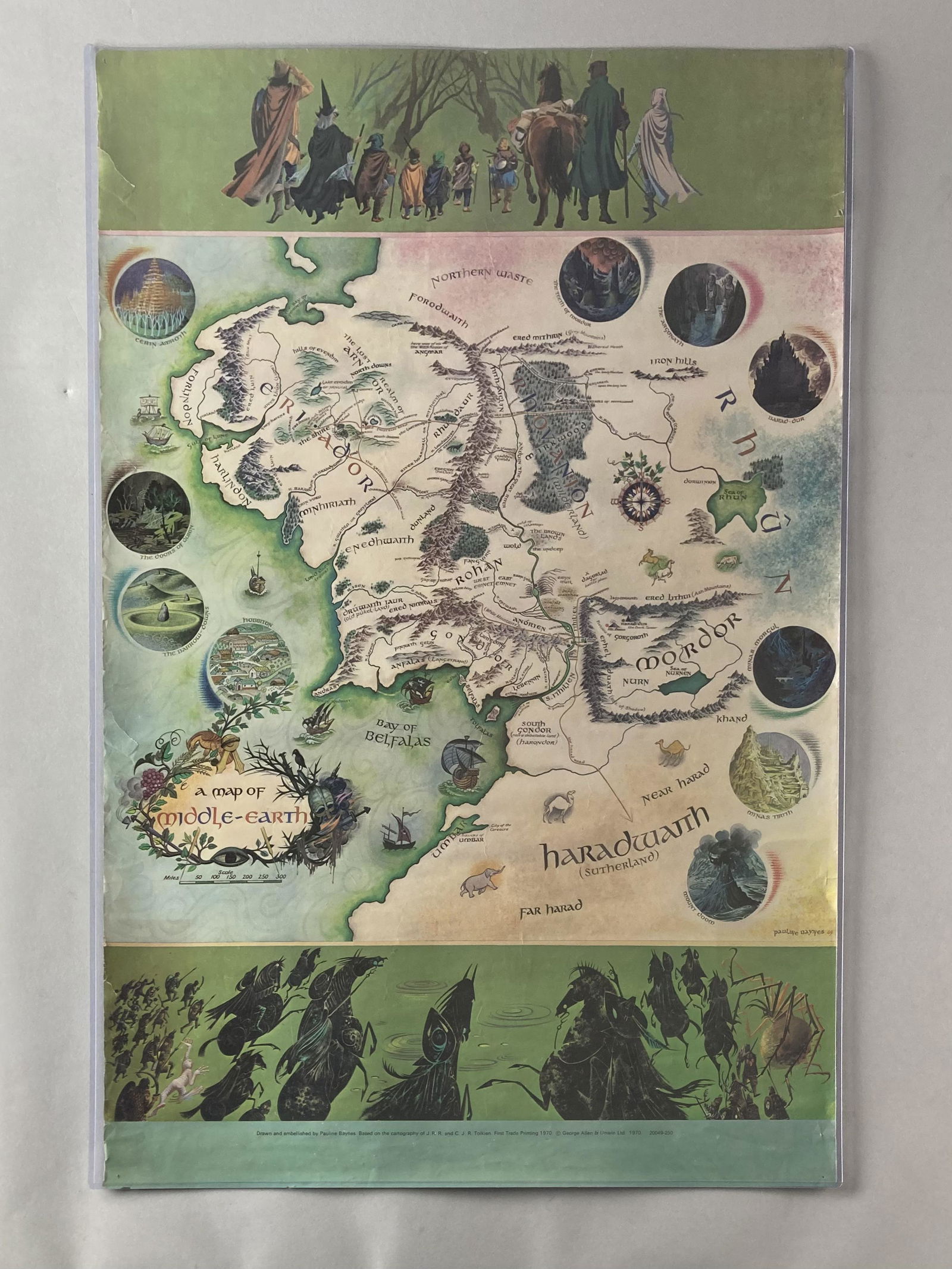 A Map Of Middle Earth First Trade Printing 1970: Map of Middle Earth from JRR Tolkien's Lord of the Rings trilogy and the Hobbit. First trade printing from 1970 by the artist Pauline Baynes. Poster is 24 X 36 inches in size.