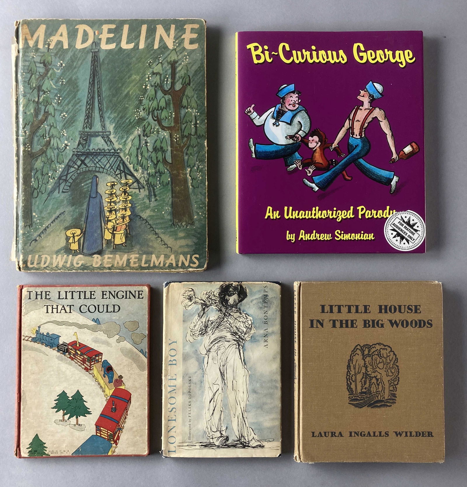 Picture Books Set of Five: Five books, four for children, one an adult parody of a children's book.Bi-Curious George by Andrew Simonian, published by Cider Mill Press in Kennebunkport Maine 2012. This is an adult parody of Curi