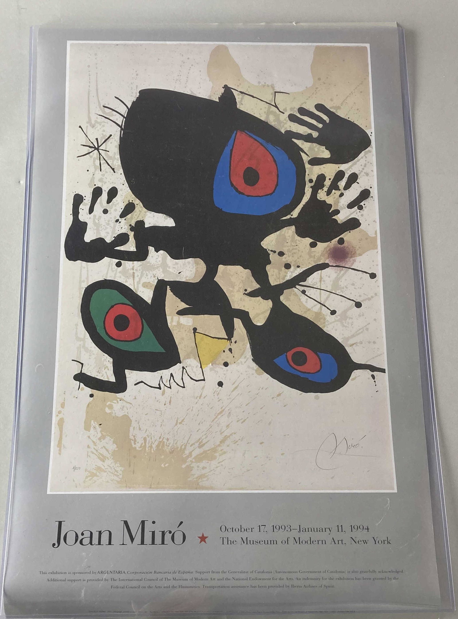 Joan Miro MOMA Exhibition Poster 1993: Poster from the Joan Miro exhibition at the New York Modern Museum of Art in 1993. Poster is 24 X 37 inches in size.