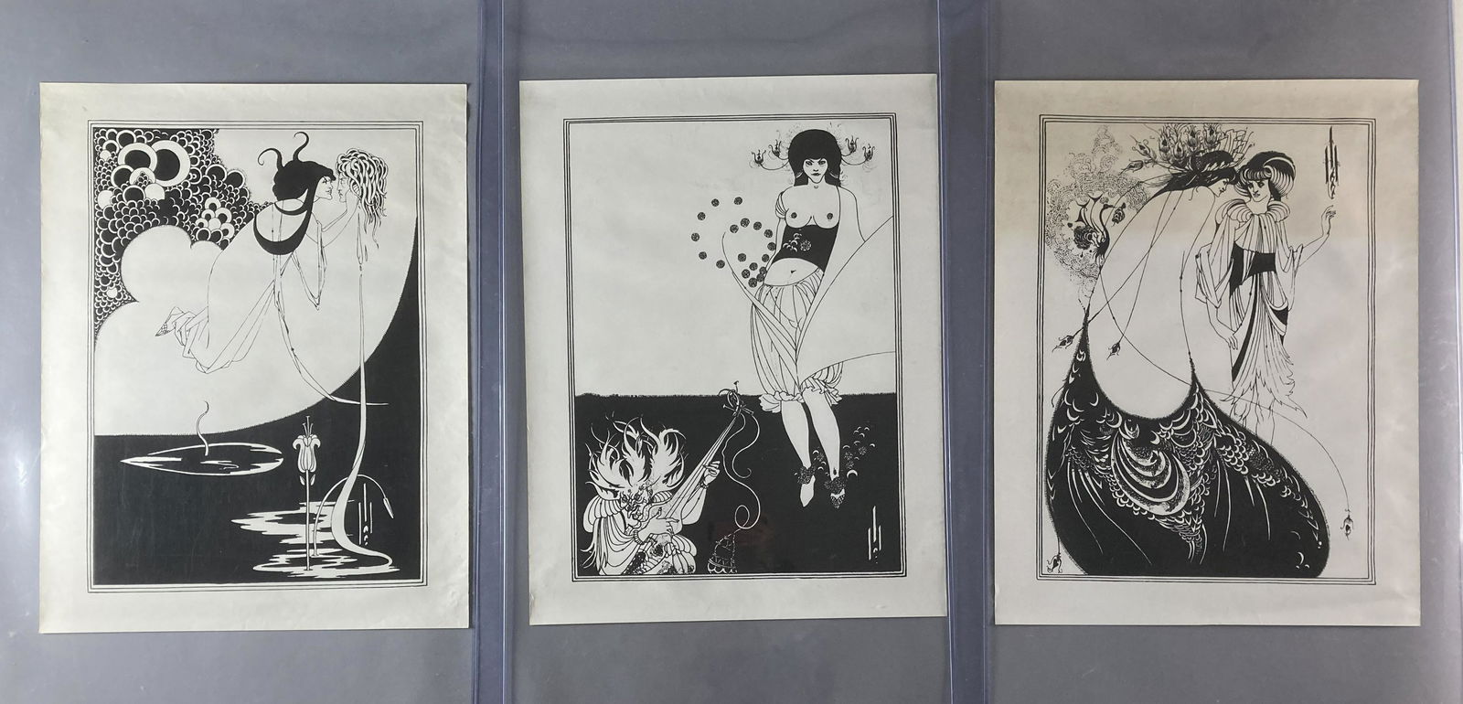 Three Vintage Aubrey Beardsley Print Posters: Triptych of Aubrey Beardsley (1872-1898) Art Nouveau woodcut prints depicting characters from ancient myth. From around 1927, each poster is 20 X 26 inches in size.