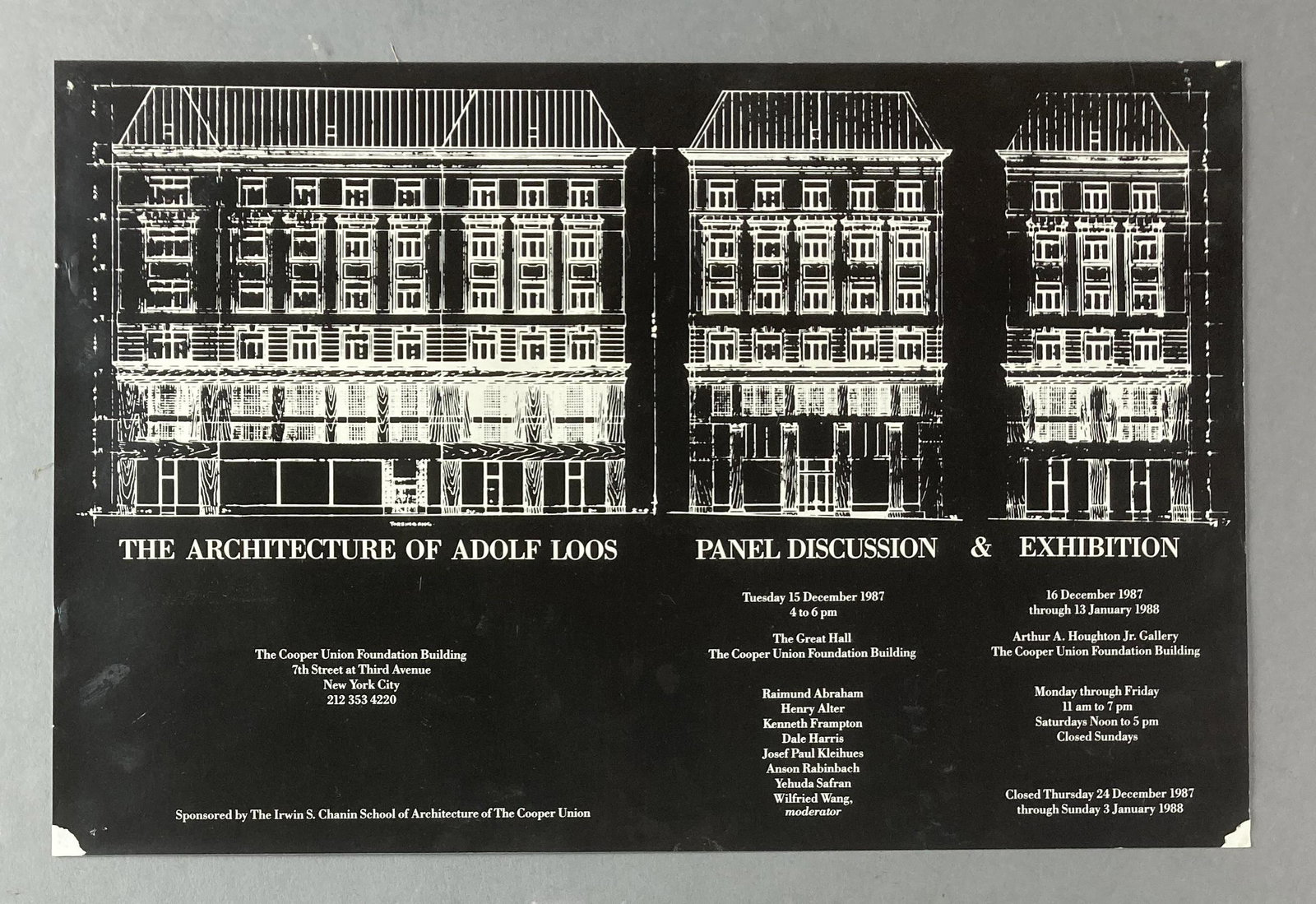 The Architecture Of Adolf Loos Exhibition Poster: Exhibition Poster for the Irwin S. Chanin School of Architecture's December 16 1987 to January 13 1988 exhibit The Architecture of Adolf Loos. Exhibition was held at the Cooper Union in New York and i