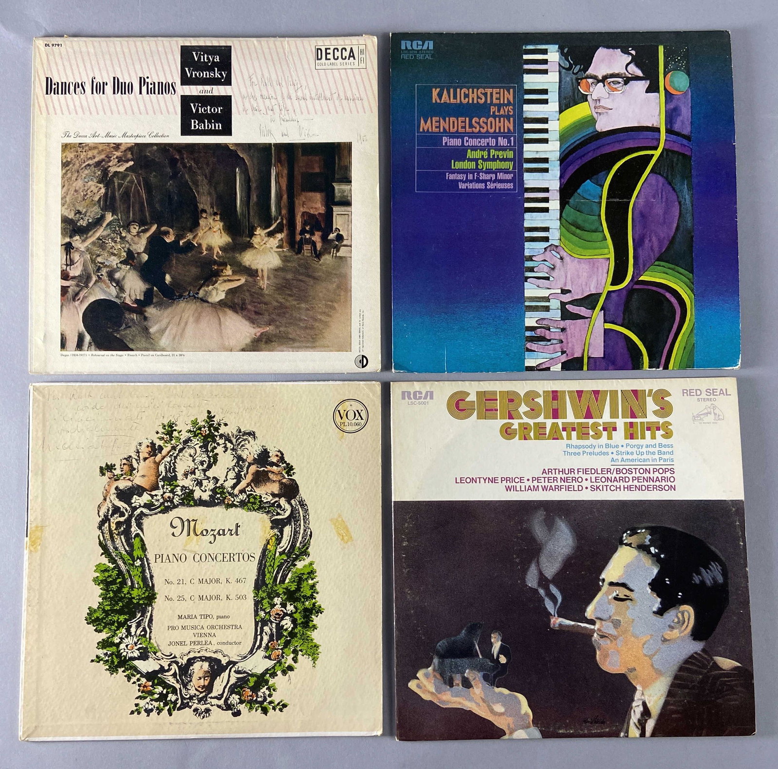 Four Piano Music Vinyl Records Signed: Dances for Duo Pianos by Vitya Vronsky and Victor Babin, Decca Records catalogue number DL 9791. Signed by both pianists on the front cover in 1956. Includes paper sleeve,Mozart Piano Concertos No. 21