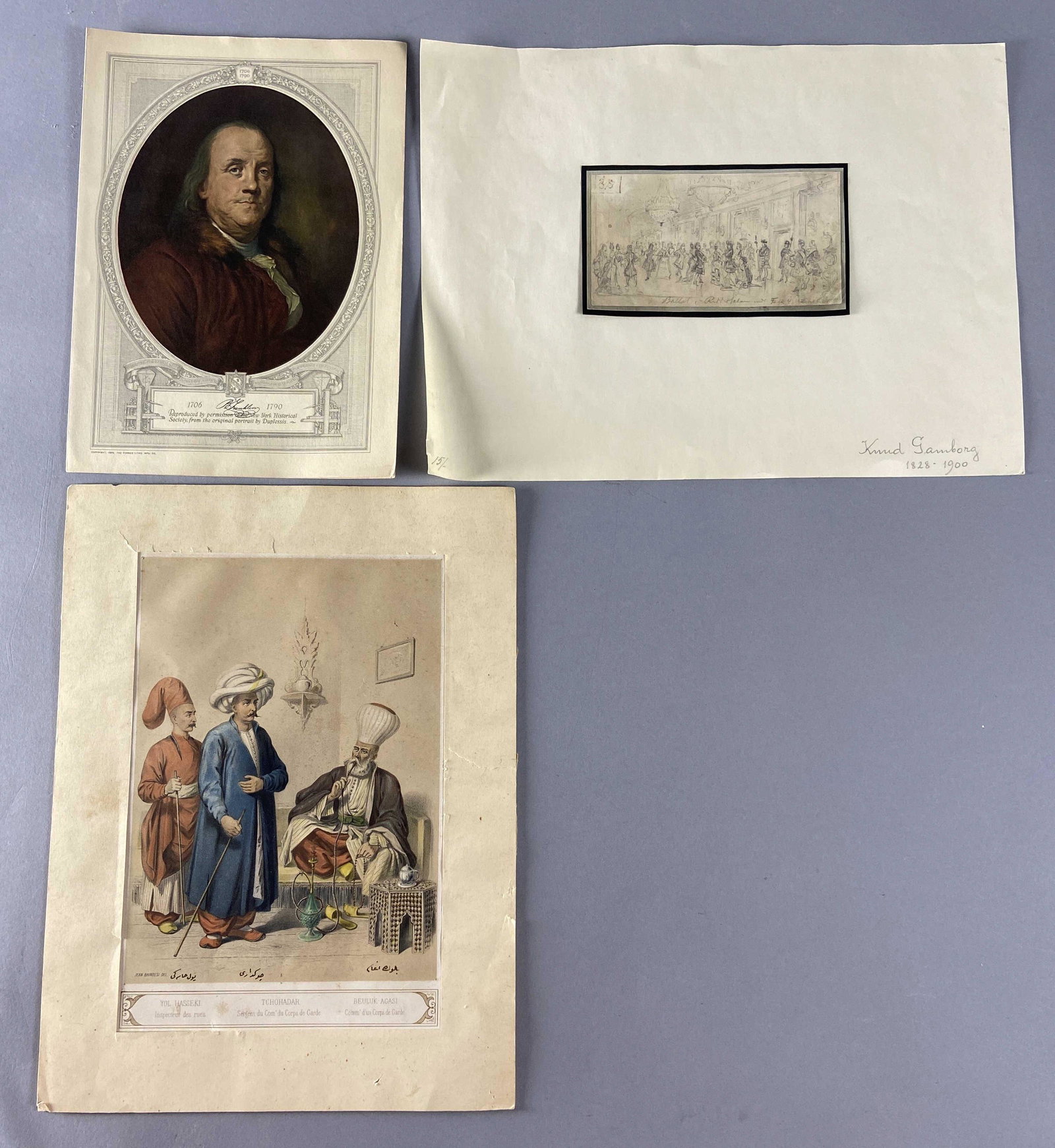Two Lithographs and an Etching: Benjamin Franklin Lithograph from Forbes Manufacturing, 1929. 12 X 8 1/2 inches in size. Anciens Costumes Turcs lithograph by Jean Brindesi, depicting the uniforms of the military of the Ottoman Empir