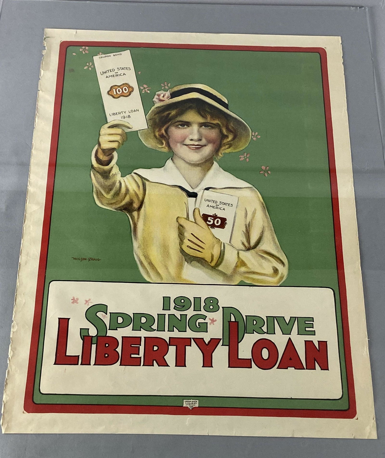 1918 Spring Drive Liberty Loan WWI Poster: War Bonds Poster from World War One. 1918 Spring Drive Liberty Loans, artwork by Wilson Craig, printed by Greenwich Litho. Co. in New York. Poster is 27 1/4 X 20 1/2 inches in size.