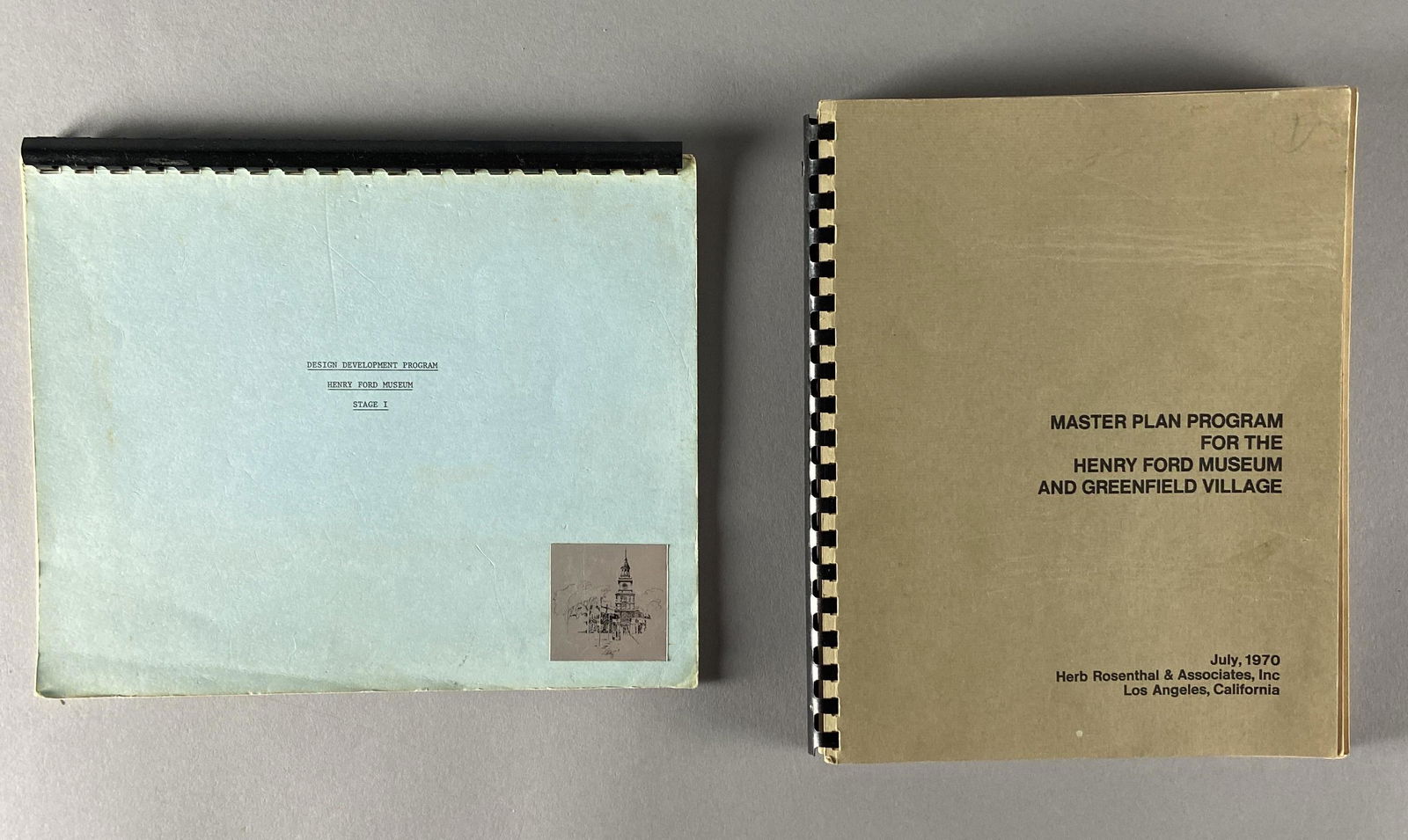 Henry Ford Museum Plans: Two books of plans for the Henry Ford Museum from the 1970's. Master Plan program for the Henry Ford Museum and Greenfield Village, July 1970 by Herb Rosenthal & Associates Inc, Los Angeles California