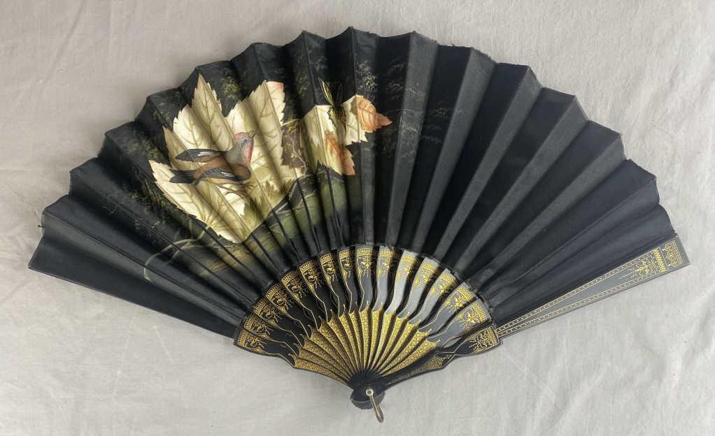 19th C. Hand Painted Black Silk Folding Fan (1 of 9)