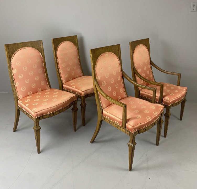 Circa 1960s French Empire Style Dining Chairs In Fruitwood With Burl Trim. Made By Kent