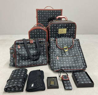 Ten Piece FAO Schwarz Luggage Set: Set of World Traveler luggage by FAO Schwarz. Set includes trunk, suitcase, doll case, backpack, diaperbag, palm pilot case, changing pad, towel, luggage tag, and lipstick case. Trunk is 23 1/2 X 14 X