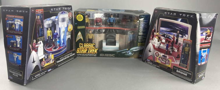 Star Trek Bridge, Transporter Room, Classic Figure: Three Star Trek play sets, still in original packaging. Classic Star Trek Classic Collector figure set by Playmates Limited Edition no. 054714 of 150,000, USS Enterprise bridge by Playmates,