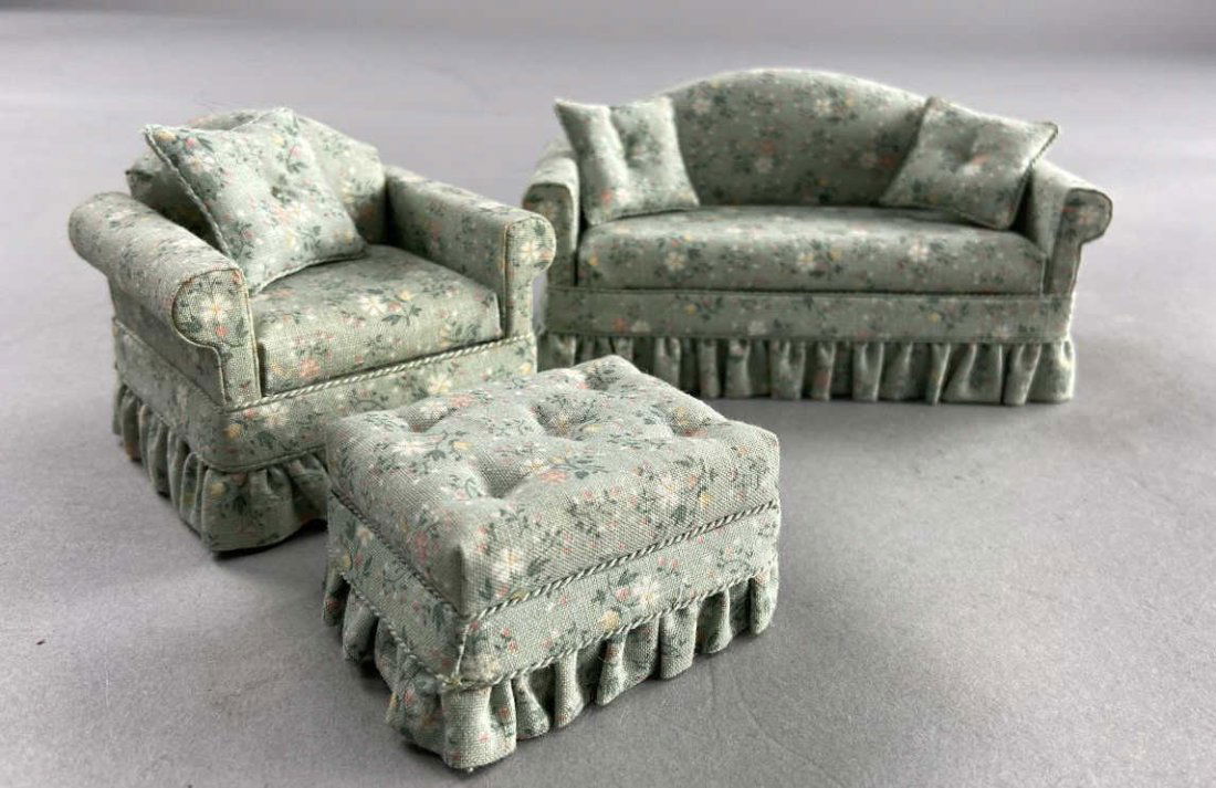 Green Flowered Miniature Couch, Chair, Hassock (1 of 9)