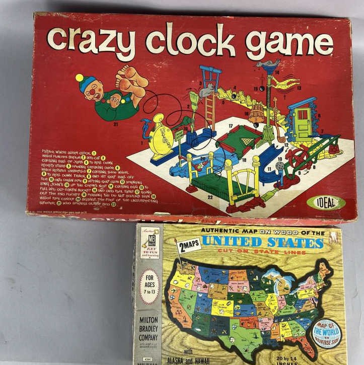Crazy Clock Game & United States Puzzle Map: Authentic wood puzzle map of the United States with map of the World on the other side by Milton Bradley, 4264 copyright 1961. Crazy Clock Game by Ideal Toy, 2604-7, Copyright 1964. SHIPPING INFORMATI