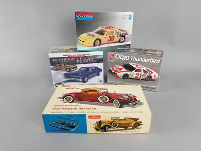 4 model car kits Pontiac, Packard, Ford, Chevy: Gabriel 1930 Packard Roadster Metal Kit, Citgo Thunderbird Kit by Ertl, unopened, Penzoil Pontiac kit by Monogram, unopened, 69 Chevy Nova SS kit by Revell, unopened. SHIPPING INFORMATION: