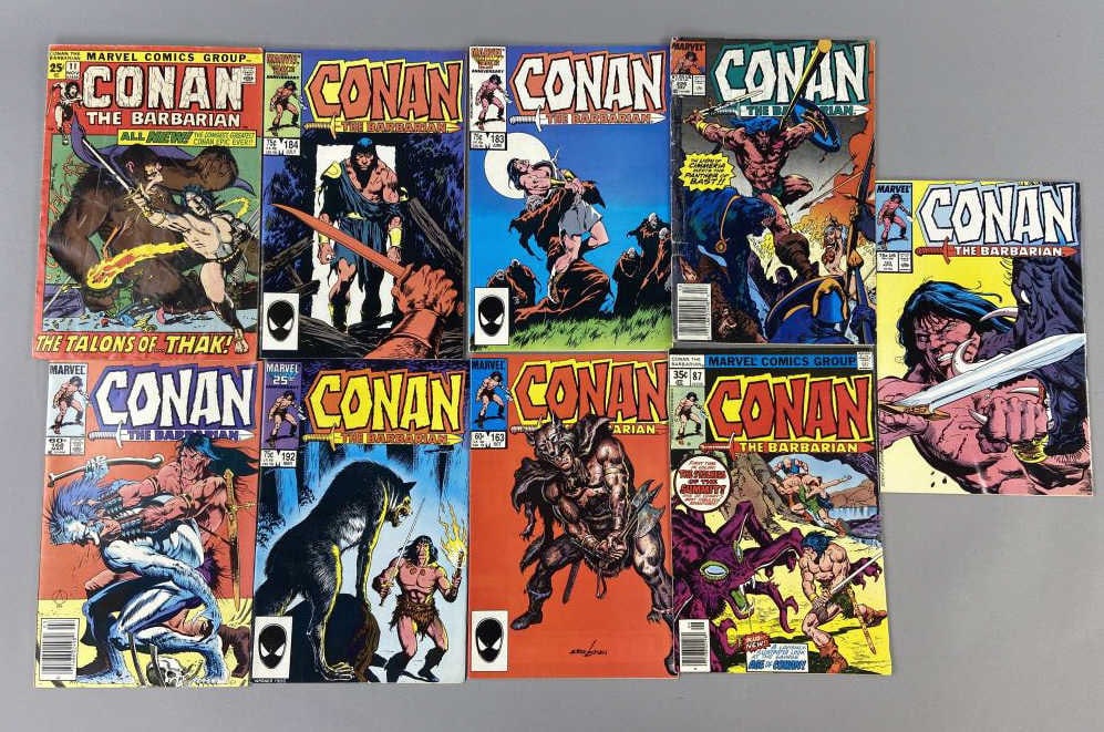 Conan the Barbarian 11, 163, 184, 192, 226: Nine issues of Conan the Barbarian, including Conan the Barbarian Vol. 1 No. 11 November 1971, Vol. 1 No. 87 June 1978, Vol. 1 No. 163 October 1984, Vol. 1 No. 168 March 1985, Vol. 1 No. 183 June 1986