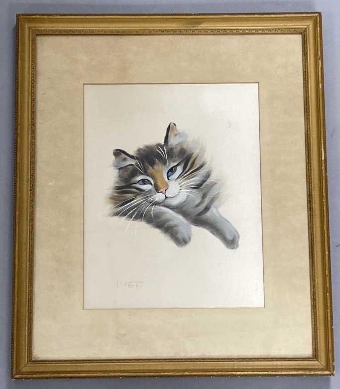 Framed Oil Painting of a Cat on Satin: Study of a calico cat by the Scottish artist Louise Stuart Fort (1881-1946). Painting is on satin in mat and frame. With frame piece is 19 1/2 X 16 1/2 inches in size. SHIPPING INFORMATION: In-House S