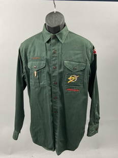 1960's Boy Scouts Explorer Uniform Shirt: Dark green long sleeved button down Boy Scout Explorer shirt from the 1960's. Shirt belonged to a member of Troop 4 of the Portage Trails Council in Michigan. Measurements lying flat are neck 6 1/8 in