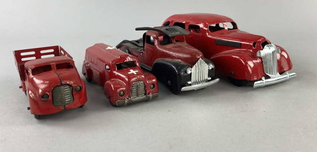 Red Wyandotte Pressed Steel Car Trucks & Ambulance: Four vintage pressed steel vehicles including a Wyandotte pressed steel 1937 Ford Model 78 car, Wyandotte red ambulance (originally white), Wyandotte car hauler, Wyandotte stake bed truck, marked Wyan