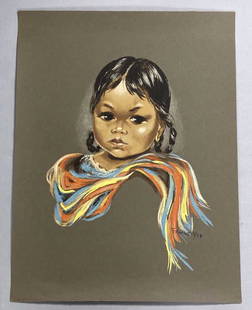 Dorothy Francis Little Zapotec Girl Art Print: Print by Dorothy Francis (1912-1990) on brown paper marked Francis 58 of a young Indigenous girl styled similarly to the Zapotec people of Mexico. Print is 26 X 20 inches in size. SHIPPING INFORMATION