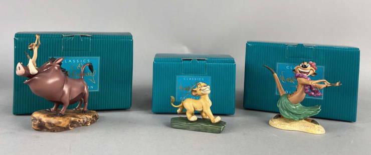 Walt Disney Classics Simba, Timon, & Pumbaa: Three boxed figurines from the Walt Disney Classics collection featuring characters from the movie The Lion King. All comes with COAs and original boxes. They include Simba Ornament 11K 412560, "Luau!