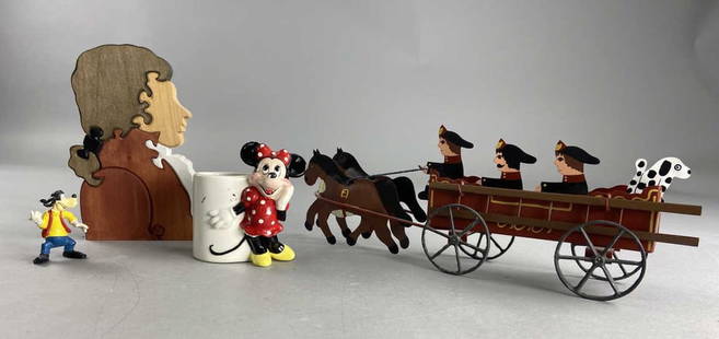 Minnie Mouse, Goofy, Mozart Puzzle, Fire Engine: Minnie Mouse ceramic pencil holder, marked Japan Walt Disney Productions on the bottom, 4 1/2 inches tall. Goofy ini figure, marked Made in Hong Kong, Mozart 3D Wooden puzzle, marked Bilderkiste. Hors