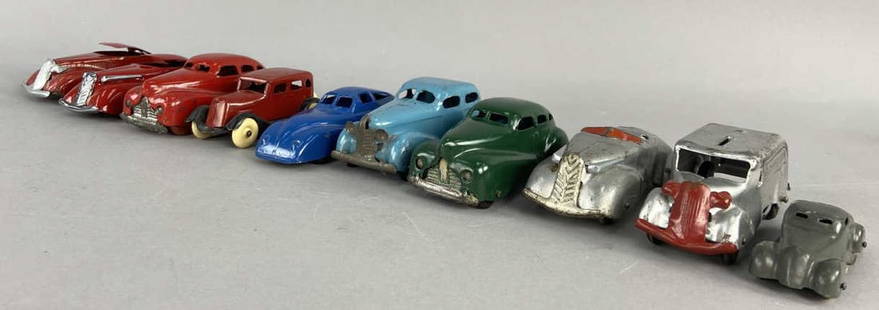 Ten 40's Tin & Steel Wyandotte & Jane Francis Cars: Blue 1940's Jane Francis Dynamic Fastback car, marked underneath Jane Francis PGH, light blue Wyandotte car unmarked, dark green Wyandotte touring car unmarked, silver Marx airflow convertible unmarke