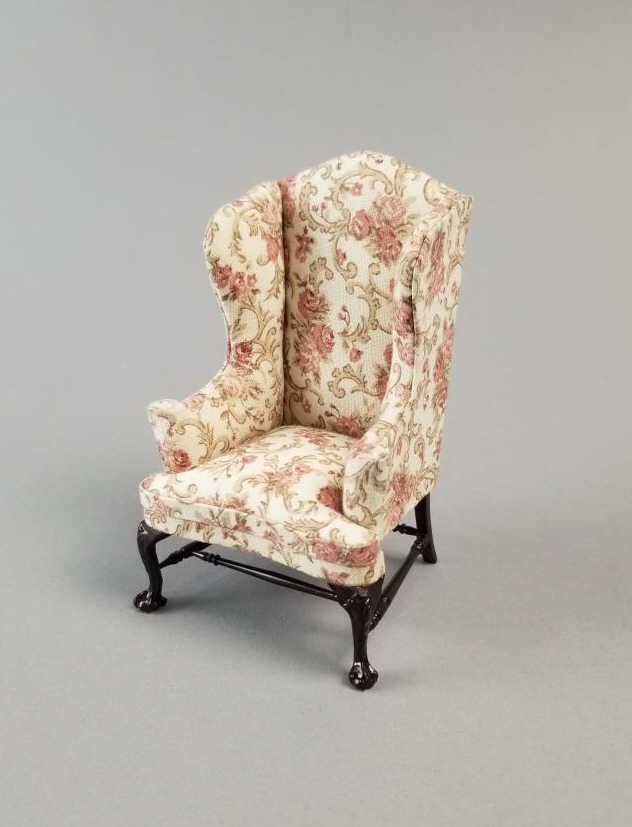 Bespaq Fireside Miniature Chair: Fine upholstered Bespaq Chippendale wingback. $65 when new. Colors are pink and beige. Own a piece of history! Pink flowered upholstered. SHIPPING INFORMATION: In-House Shipping Available