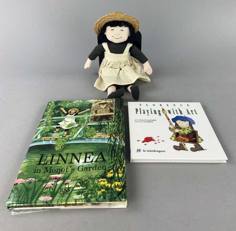 Linnea Doll with Book & Florence Art Book: Linnea in Monet's Garden by Christina Bjork and Lena Anderson, published by R & S Books Stockholm 1987, first American edition. Comes with Linnea doll. Florence Playing with Art by Maria S. De Salvia