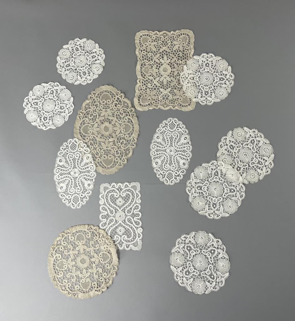 12 Point De Bruges Hand Made Lace Doilies: The largest rectangular piece measures 12-3/4" x 9". SHIPPING: In-House Shipping Available per our Terms and Conditions. Please read the Shipping Policy before bidding.