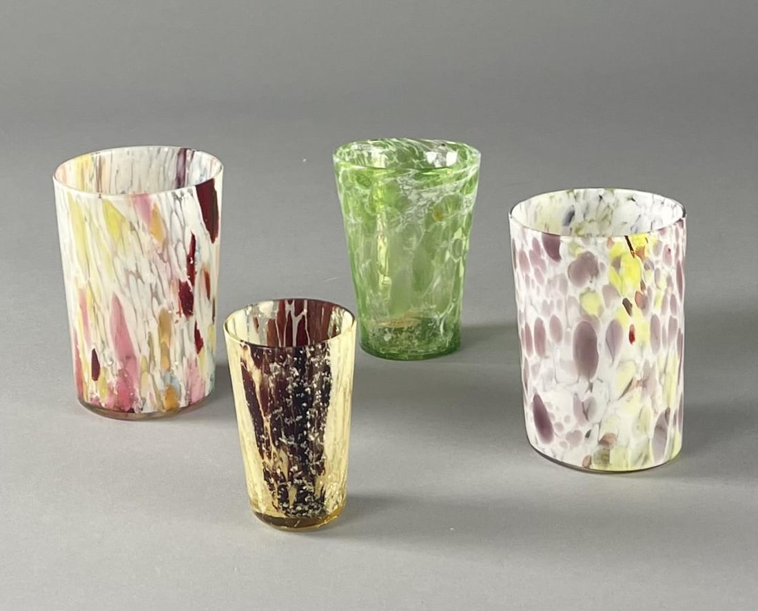 Four Antique End of Day Glass Tumblers: End of day blown glass tumblers dating to the late 19th-early 20th century. They measure from 2-7/8" to 3-7/8". From the collection of Kenneth C. Beachler. SHIPPING: In-House Shipping Available per ou