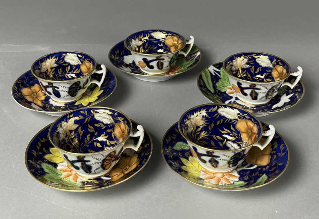 5 Antique English Imari Porcelain Cups & Saucers: Fine English porcelain in a lavish Imari design circa 19th century. saucers 5-1/2' in diameter. Marked as shown. From the collection of Phillip Siebert. SHIPPING: In-House Shipping Available per our T