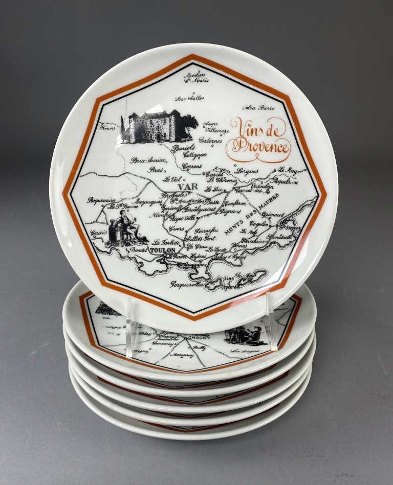 6 Porcelain D'Auteuil Bistro Plates Jacques Lobjoy: Set of (6) 7-1/2" porcelain bistro plates featuring wine regions by Jacques Lobjoy for Porcelaine D'Auteuil, Paris. Made in France. SHIPPING: In-House Shipping Available per our Terms and Conditions. 